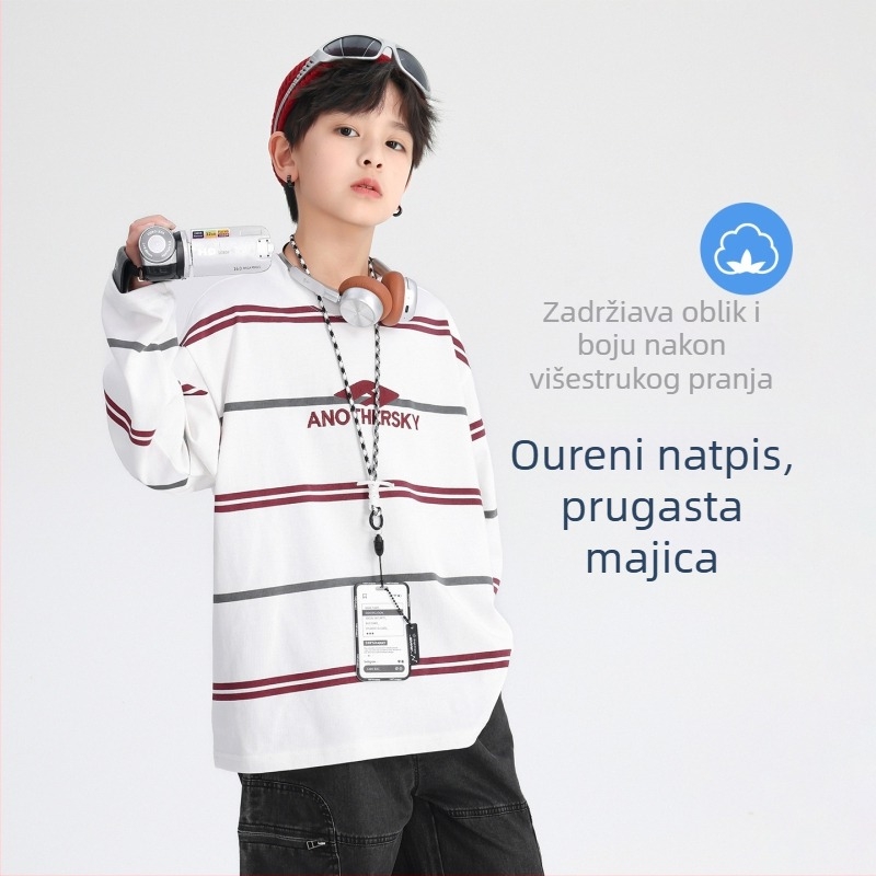 Dječja pamučna majica s dugim rukavima, korejskog stila, prugasta s natpisima, okrugli vrat