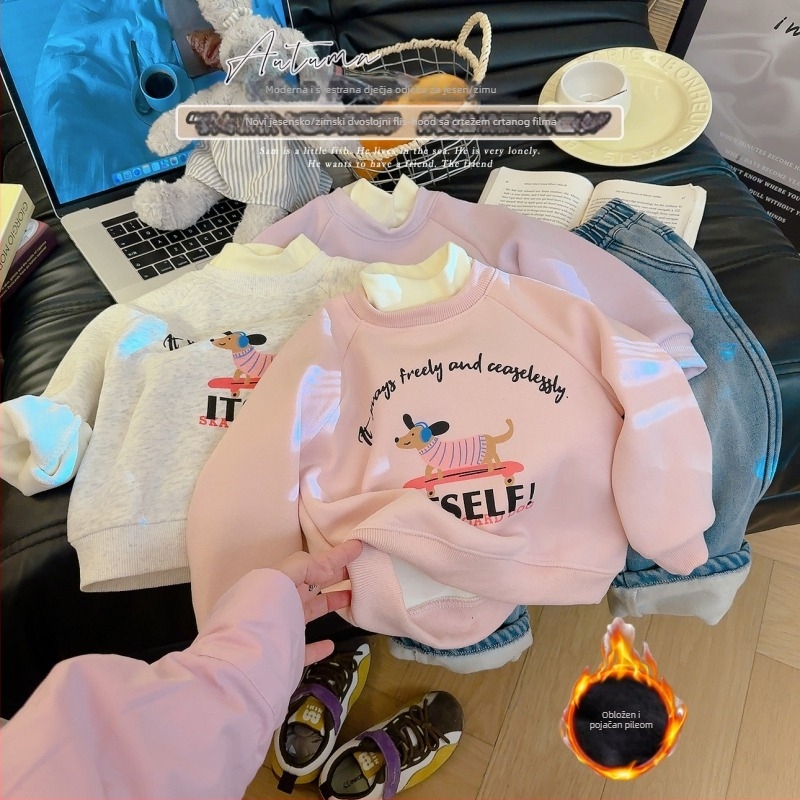 Dječji sweatshirt s crtanim slovima, visok ovratnik s flis unutrašnjom, zimski pulover, uzrast 3–8 godina