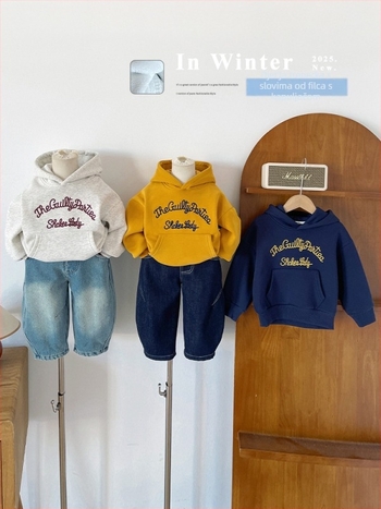Dječji duk s kapuljom u korejskom stilu s izveznim slovima, fleece podstava, 65% pamuk 35% poliester, debeli materijal