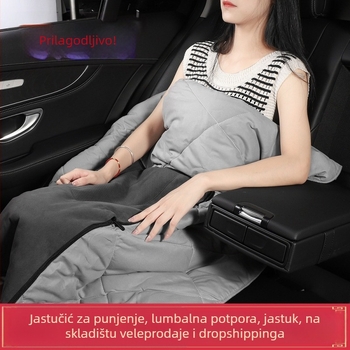 Blue Bear Auto jastuk-ćebe — dvostruka namjena, sklopivi 2-u-1 jastuk i deka, potpora lumbalne regije, vanjski pamuk, punilo od perja, dvostruka tiska