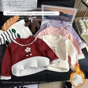 Djevojačka fleece baza majica s cvjetnim uzorkom, okrugli izrez, dugi rukav, pogodna za zimu i jesen, tkanina: polyester 93,6% / spandeks 6,4%