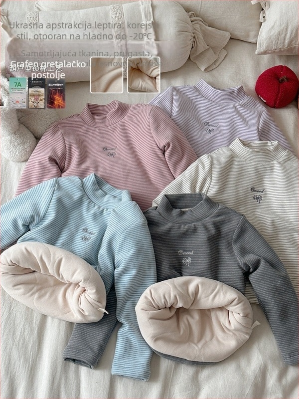 Dječji top s flis podstavom, okrugli vrat, dugi rukav, korejski stil, zimsko razdoblje