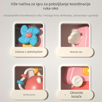 Obrazovna višefunkcionalna igračka za bebe s prisutnom karuselom, rotirajućom vjetrenjačom, klizačkim autićem, plastična konstrukcija, za djecu 0–3 godine