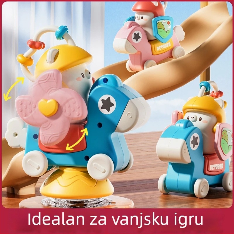 Obrazovna višefunkcionalna igračka za bebe s prisutnom karuselom, rotirajućom vjetrenjačom, klizačkim autićem, plastična konstrukcija, za djecu 0–3 godine
