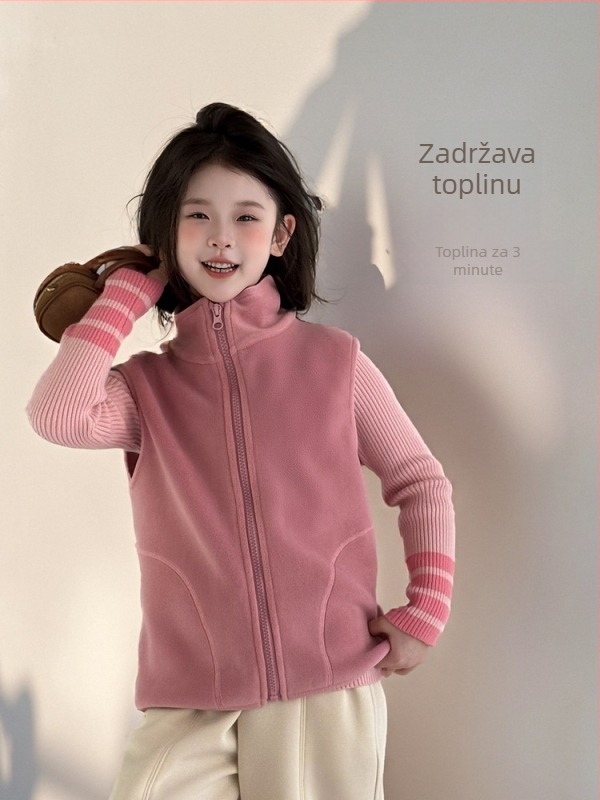 Vesta za djevojčice, debeli zimski fleece, 100% poliester, zatvarač, casual kardigan stil, bez kapulje