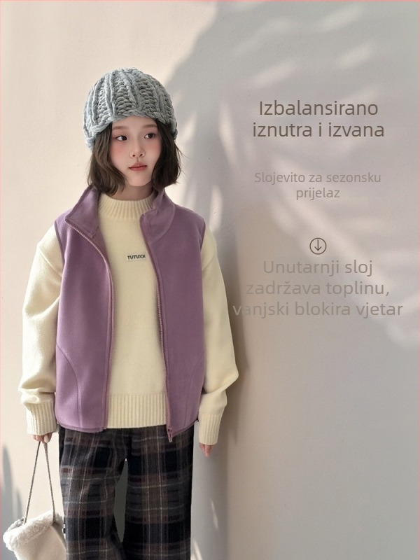 Vesta za djevojčice, debeli zimski fleece, 100% poliester, zatvarač, casual kardigan stil, bez kapulje