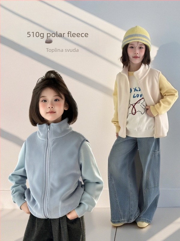 Vesta za djevojčice, debeli zimski fleece, 100% poliester, zatvarač, casual kardigan stil, bez kapulje
