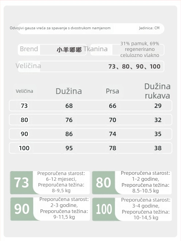 Spavaći vreć za djecu – bambusova vlakna, sintetičko punjenje, odvojivi rukavi, pogodno za ljeto, proljeće i jesen, motiv crtić