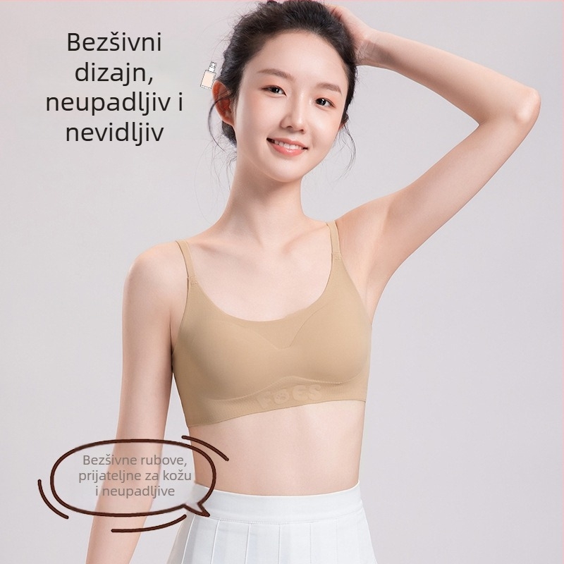 Bezšivni tank top donje rublje za tinejdžerice — puni kupa, tanko modelirana košarica; glavni materijal: spandeks; podstava: najlon/poliamid 70–80%; fiksirani dvostruki naramenici; anti-izlaganje, udobno