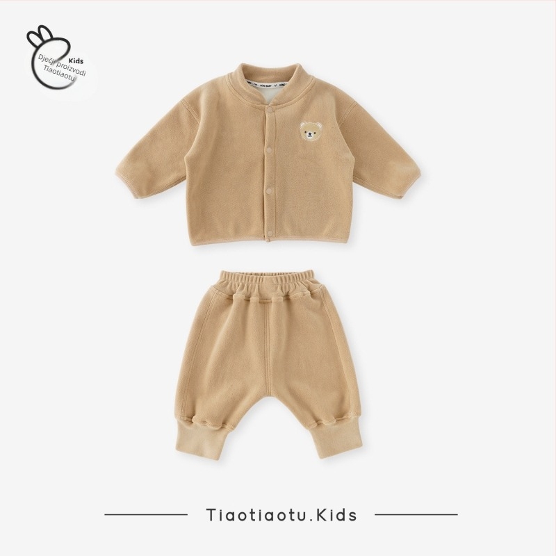 Dječji dvodijelni set za jesen/zimu, unisex, oatmeal knit tkanina, 93% poliester, dugi rukav, dugačke hlače, zatvaranje jednim redom gumba, crtani motiv