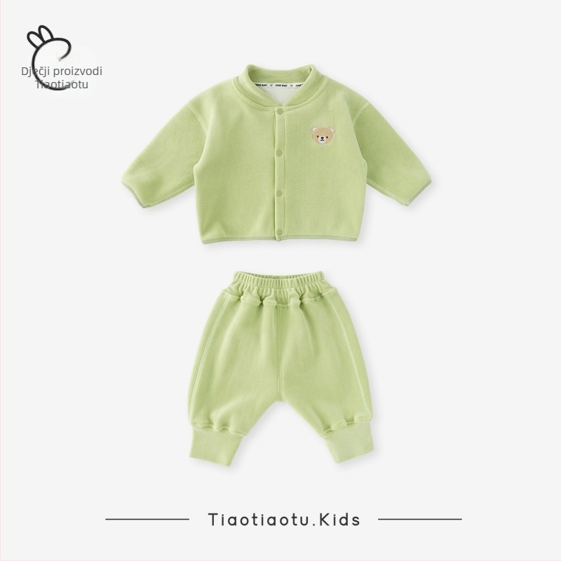 Dječji dvodijelni set za jesen/zimu, unisex, oatmeal knit tkanina, 93% poliester, dugi rukav, dugačke hlače, zatvaranje jednim redom gumba, crtani motiv