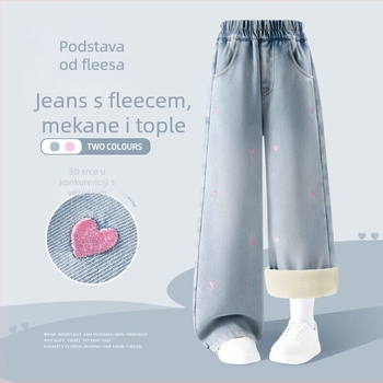 Dječje traperice za djevojčice s izvezenim srcem, debele i tople, srednji pojas s elastičnim pojasom, duge hlače, pamuk-mješavina