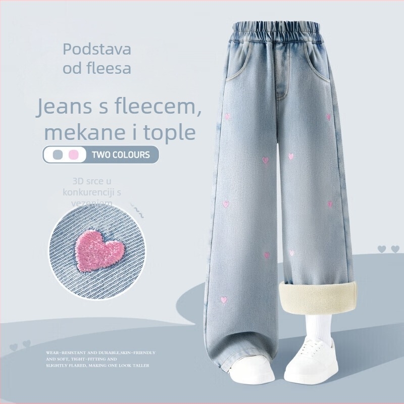 Dječje traperice za djevojčice s izvezenim srcem, debele i tople, srednji pojas s elastičnim pojasom, duge hlače, pamuk-mješavina