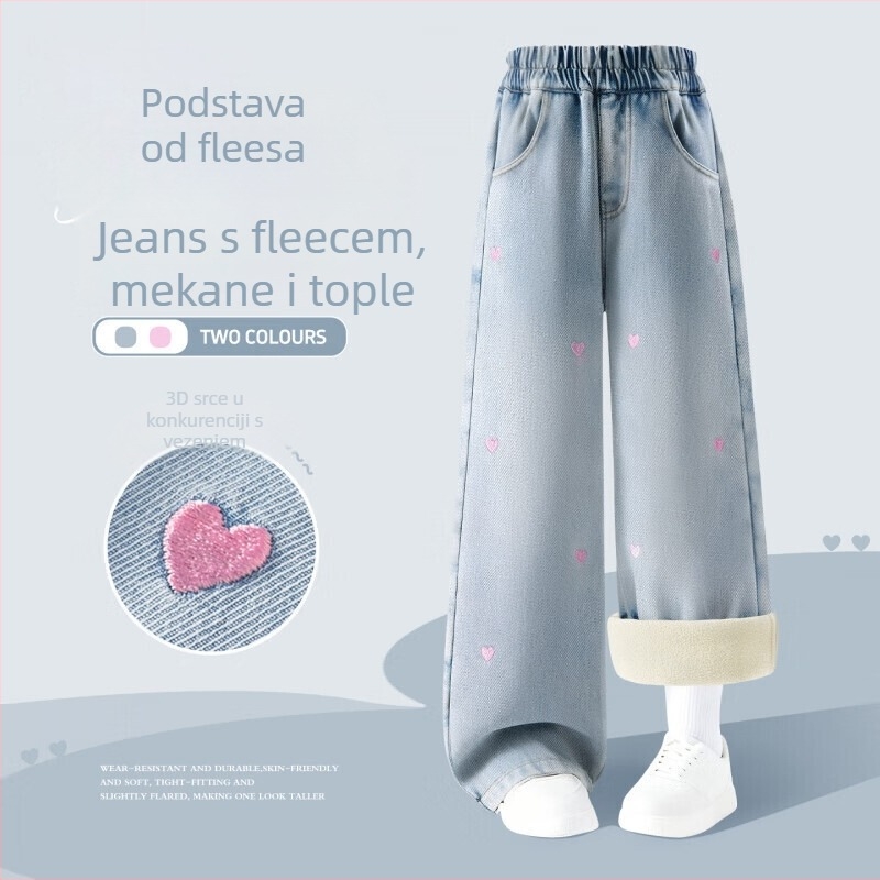 Dječje traperice za djevojčice s izvezenim srcem, debele i tople, srednji pojas s elastičnim pojasom, duge hlače, pamuk-mješavina