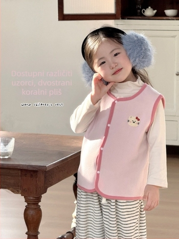 Dječja vest – Korejski stil kardigan, motiv glavnog crtić lica, debeli koral fleece s poliesterskim podstavom, za djecu 3–8 godina, jesen-zima, bez kapuljače, kopčanje u jednom redu