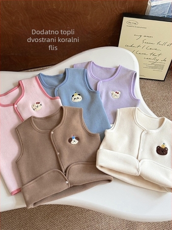 Dječja vest – Korejski stil kardigan, motiv glavnog crtić lica, debeli koral fleece s poliesterskim podstavom, za djecu 3–8 godina, jesen-zima, bez kapuljače, kopčanje u jednom redu