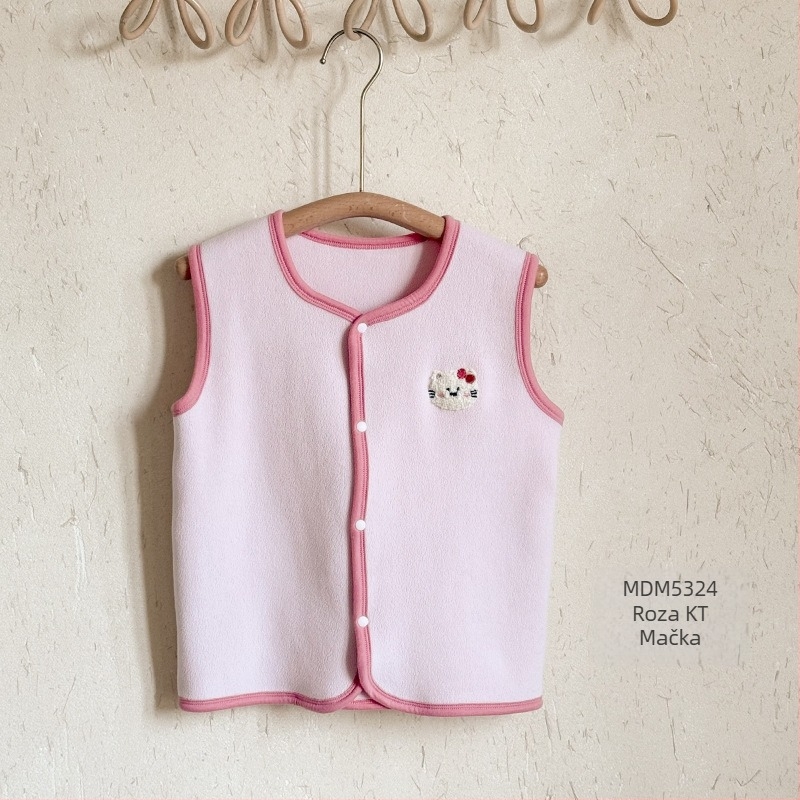Dječja vest – Korejski stil kardigan, motiv glavnog crtić lica, debeli koral fleece s poliesterskim podstavom, za djecu 3–8 godina, jesen-zima, bez kapuljače, kopčanje u jednom redu