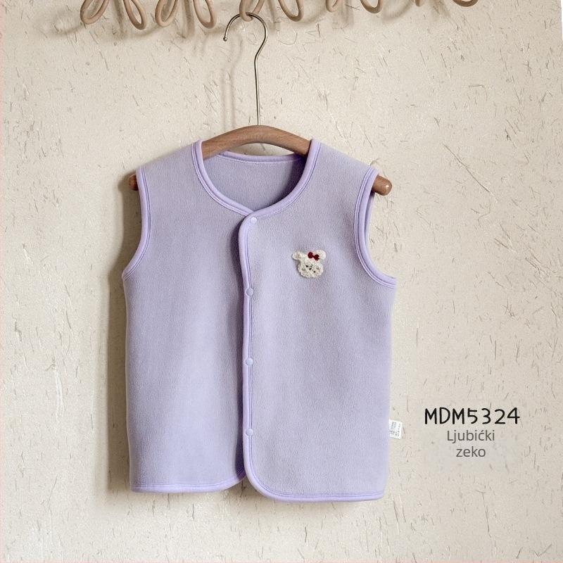Dječja vest – Korejski stil kardigan, motiv glavnog crtić lica, debeli koral fleece s poliesterskim podstavom, za djecu 3–8 godina, jesen-zima, bez kapuljače, kopčanje u jednom redu