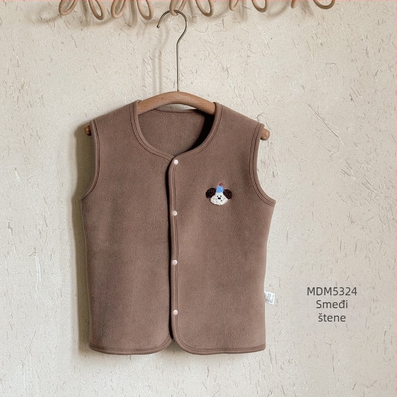 Dječja vest – Korejski stil kardigan, motiv glavnog crtić lica, debeli koral fleece s poliesterskim podstavom, za djecu 3–8 godina, jesen-zima, bez kapuljače, kopčanje u jednom redu