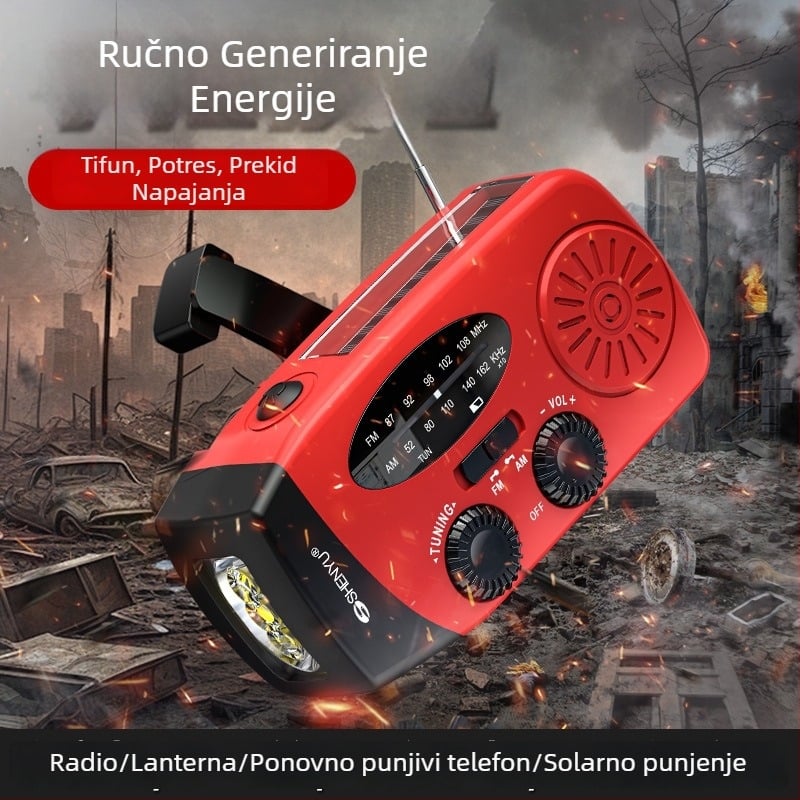 Radio za nužne situacije sa ručnim dinamo generatorom i LED lampom za kampiranje — solarno napajanje + ručna generacija, Model V211