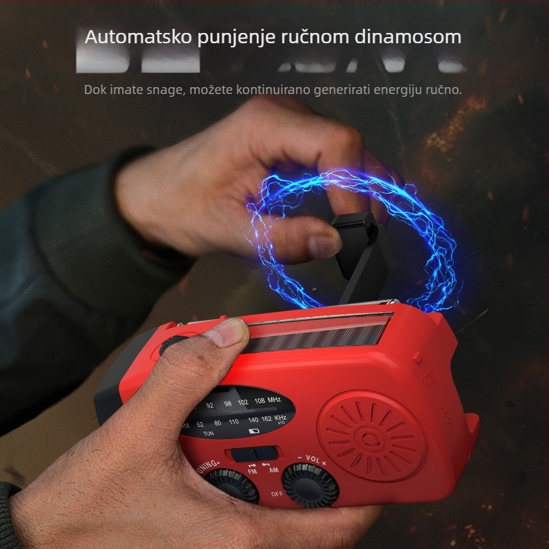 Radio za nužne situacije sa ručnim dinamo generatorom i LED lampom za kampiranje — solarno napajanje + ručna generacija, Model V211