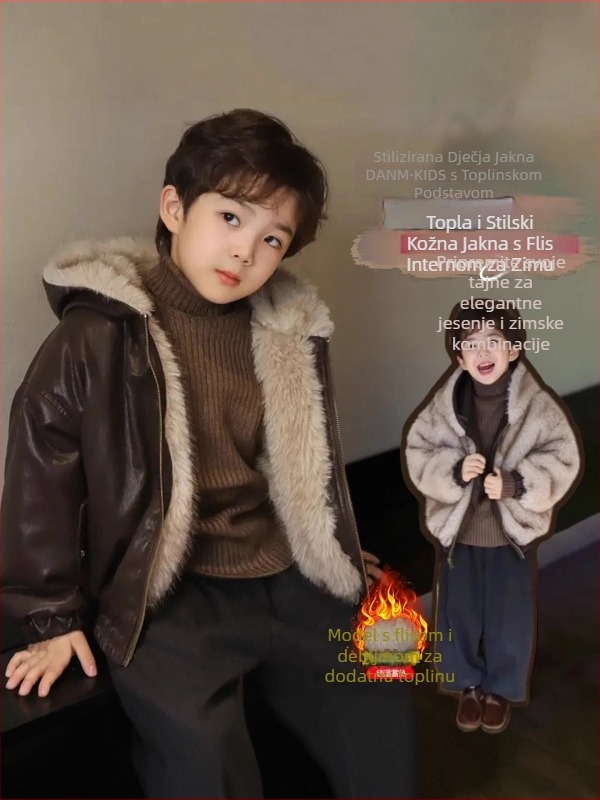 Dječja dvostruka PU kožna jakna s kapuljom, flis podstavom i zatvaranjem na zip