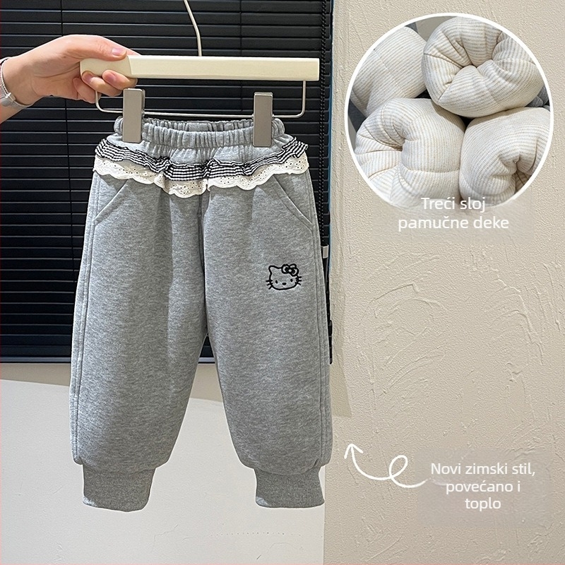 Dječje duge hlače za jesen-zimu s trostrukom pamučnom podlogom, 94% poliester + spandex, casual stil, uzrast 3–8 godina