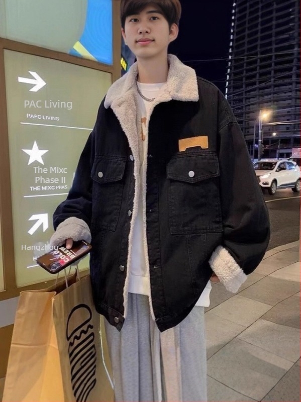 Traper jakna u američkom retro stilu s debelim plišem za zimu, bez kapulje, jednostruko zatvaranje, color-block uzorak, 3D džepovi, rebrasti rub, običan kroj