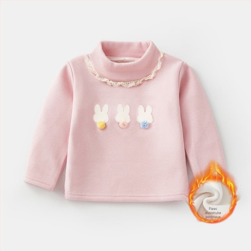 Dječja osnovna majica za djevojčice s flisom, debela i topla, dugi rukav, polu-visoki ovratnik, jesen-zima