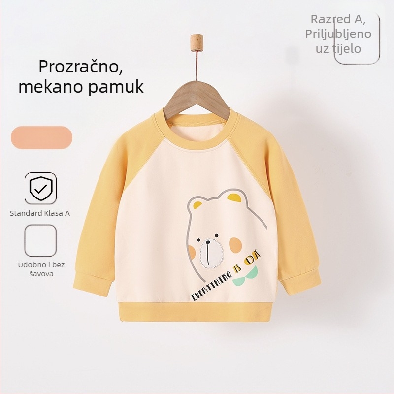 Unisex dječji top s cartoon printom, 95% pamuk 5% elastan, okrugli ovratnik, mekana tekstura, pogodno za djecu 1–3 godine, za sve sezone