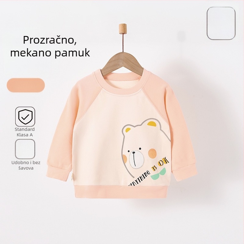 Unisex dječji top s cartoon printom, 95% pamuk 5% elastan, okrugli ovratnik, mekana tekstura, pogodno za djecu 1–3 godine, za sve sezone