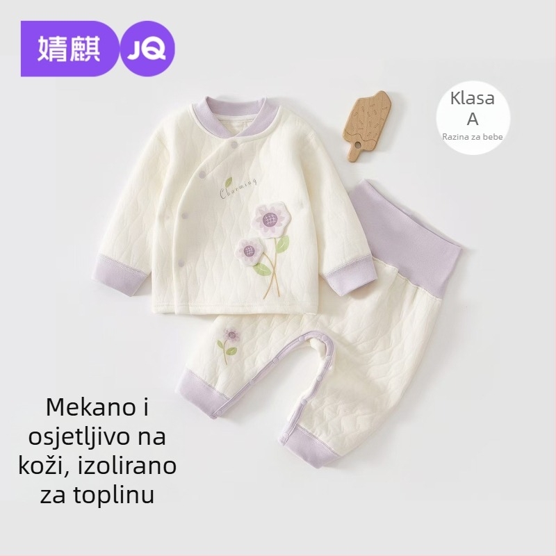 Dvo-dijelni dječji set od 100% pamuka: dugi rukav i duga hlača, crtani uzorak, za novorođenčad 0–12 mjeseci, debeli materijal za jesen/zimu/proljet