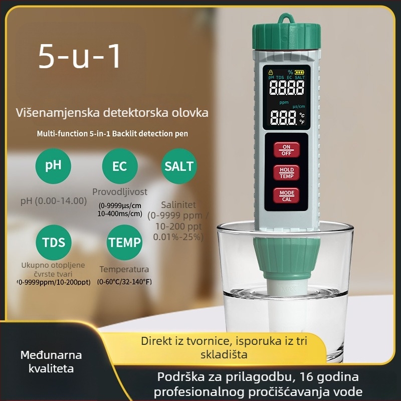 Prijenosni analizator kvalitete vode 5-u-1: pH, EC, TDS, salinitet i temperatura (Model MF-X51)