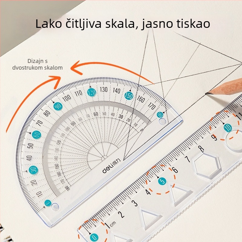 Deli mekano ravnalo za učenike, četverodijelni PVC set, modeli VC17/VC18, s mjernom ljestvicom i kutomjerom