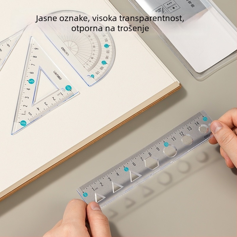 Deli mekano ravnalo za učenike, četverodijelni PVC set, modeli VC17/VC18, s mjernom ljestvicom i kutomjerom