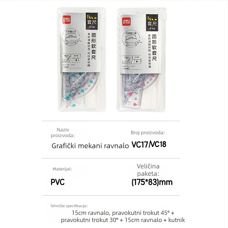Deli mekano ravnalo za učenike, četverodijelni PVC set, modeli VC17/VC18, s mjernom ljestvicom i kutomjerom