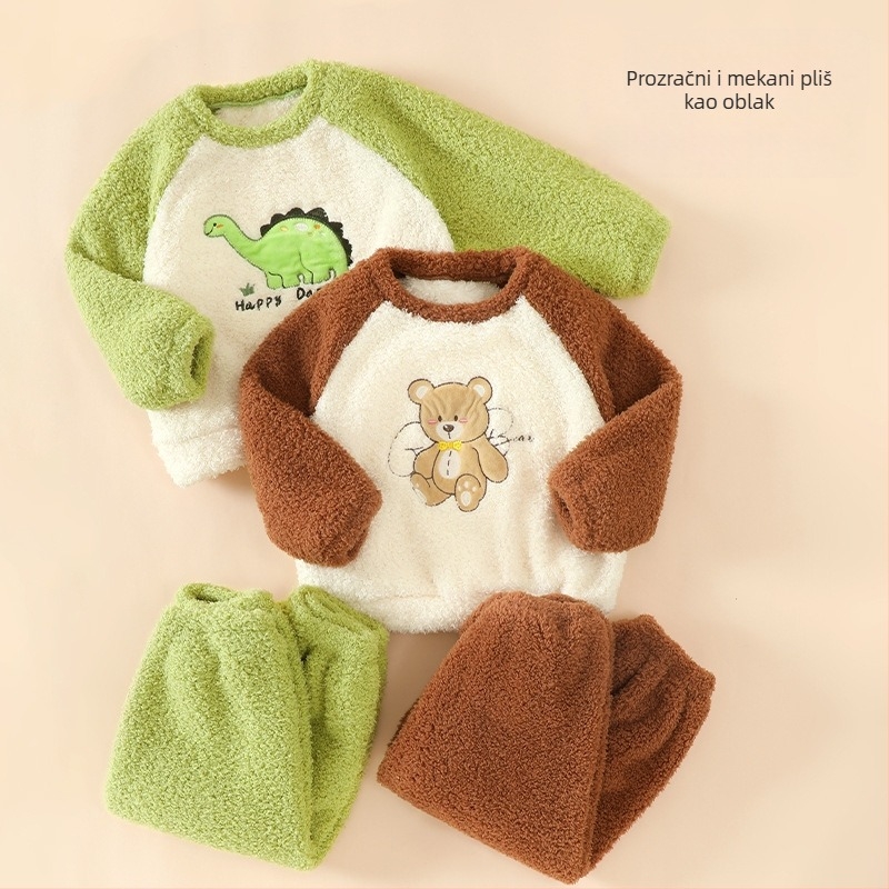 Dječji dvodijelni set pidžama od koralnog velura, debeli fleece, dugi rukavi, bez kapucje, uzorak crtani likovi