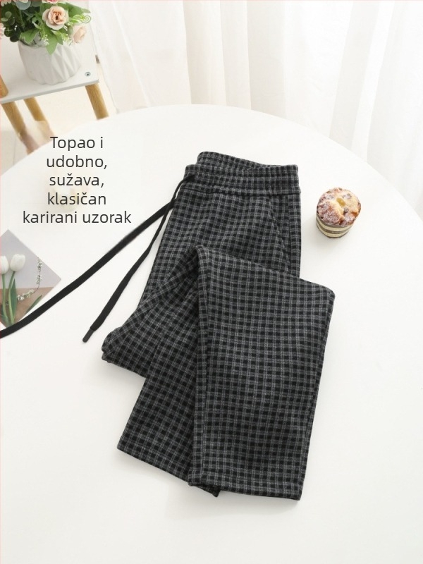 Harém hlače s kariranim uzorkom, elastični pojas, debeli viskozni materijal, dugi zimski hlače