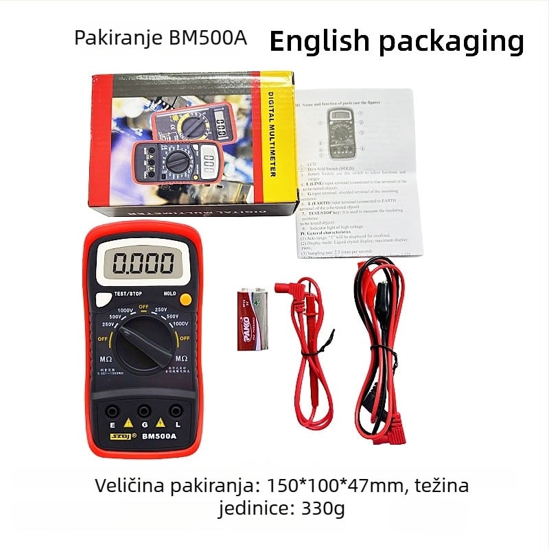 BM500A Digitalni tester otpornosti izolacije, 500V/1000V, prenosni, Shenzhen Binjiang