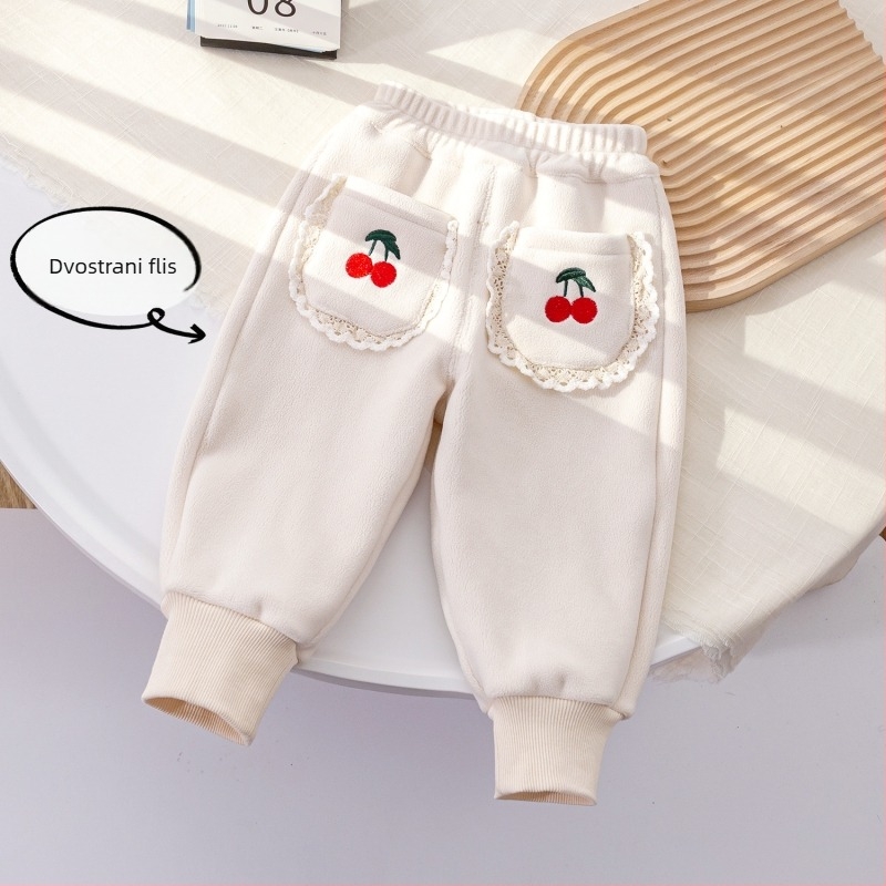Dječje zimske hlače od pamuka s flis podstavom, mačica izšivena i čipka, elastičan pojas, za djecu od 3 do 8 godina