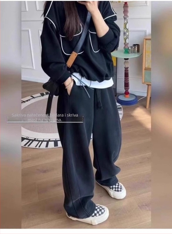 Ženske casual široke hlače, pamuk-poliester smjesa, elastični pojas, debeli materijal, japansko-korejski ležerni stil