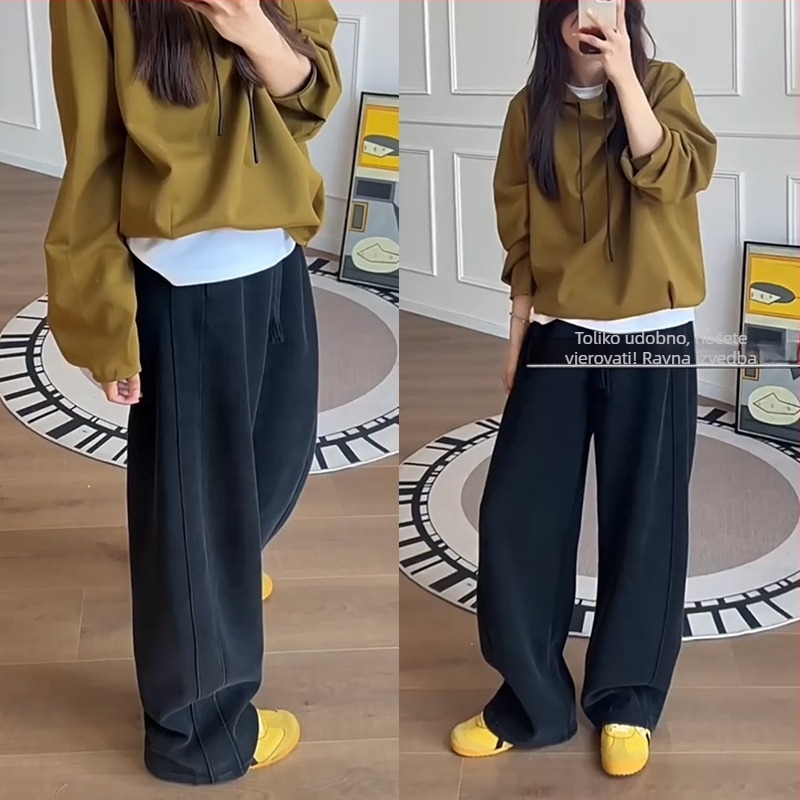 Ženske casual široke hlače, pamuk-poliester smjesa, elastični pojas, debeli materijal, japansko-korejski ležerni stil