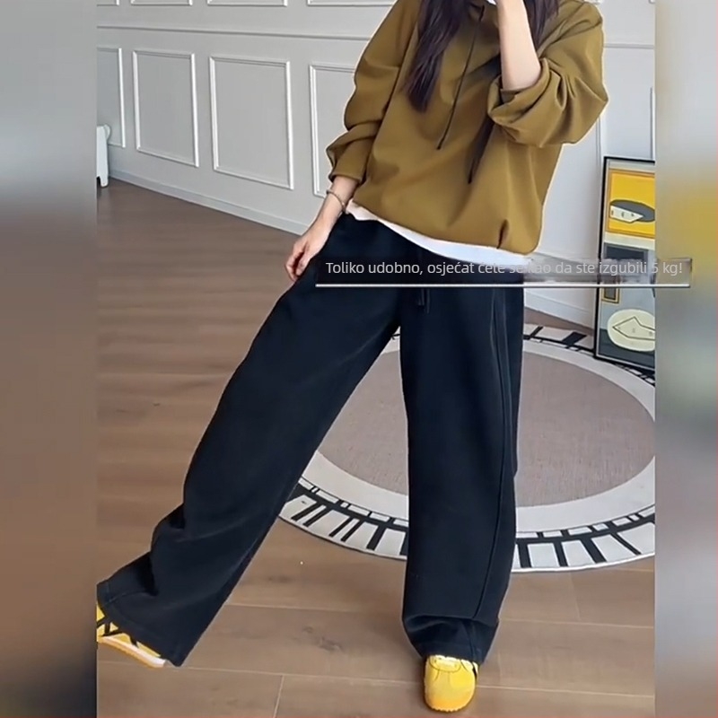 Ženske casual široke hlače, pamuk-poliester smjesa, elastični pojas, debeli materijal, japansko-korejski ležerni stil