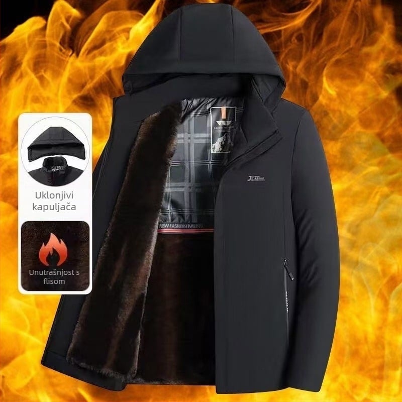 Muški zimski kaput s poliester punjenjem, kapuljača, odvojiva ovratnica, zatvarač, više džepova