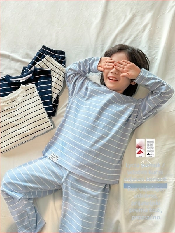 Chlapčev set domaće odjeće od pamuka s prugama, 95% pamuk, zadržava toplinu, za djecu iznad 8 godina (iznad 140 cm), proljeće/jesen, ležerni stil