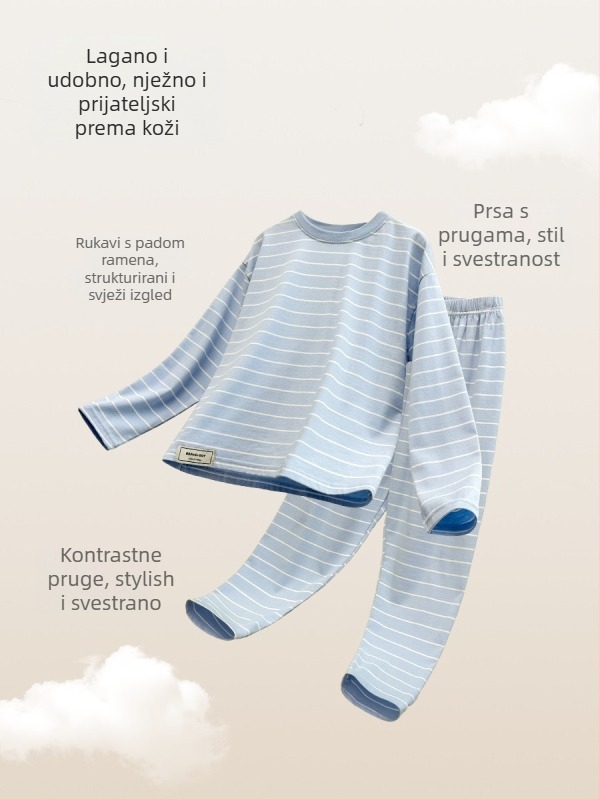 Chlapčev set domaće odjeće od pamuka s prugama, 95% pamuk, zadržava toplinu, za djecu iznad 8 godina (iznad 140 cm), proljeće/jesen, ležerni stil