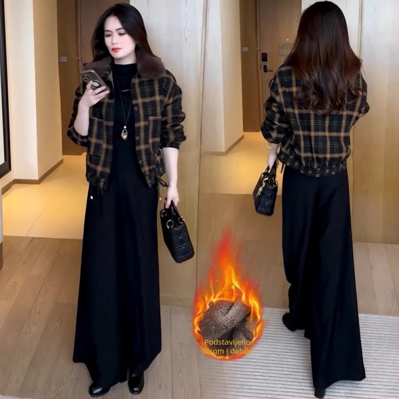 Ženska jakna s debelim fleece podstavom, karirani uzorak, poliester materijal, krzno ovratnik, dugi rukavi