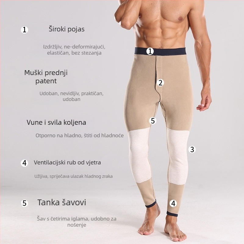 Muške termalne hlače od vuneno-svilene smjese, visoki pojas, dvostruki flis, zaštita koljena, grijanje