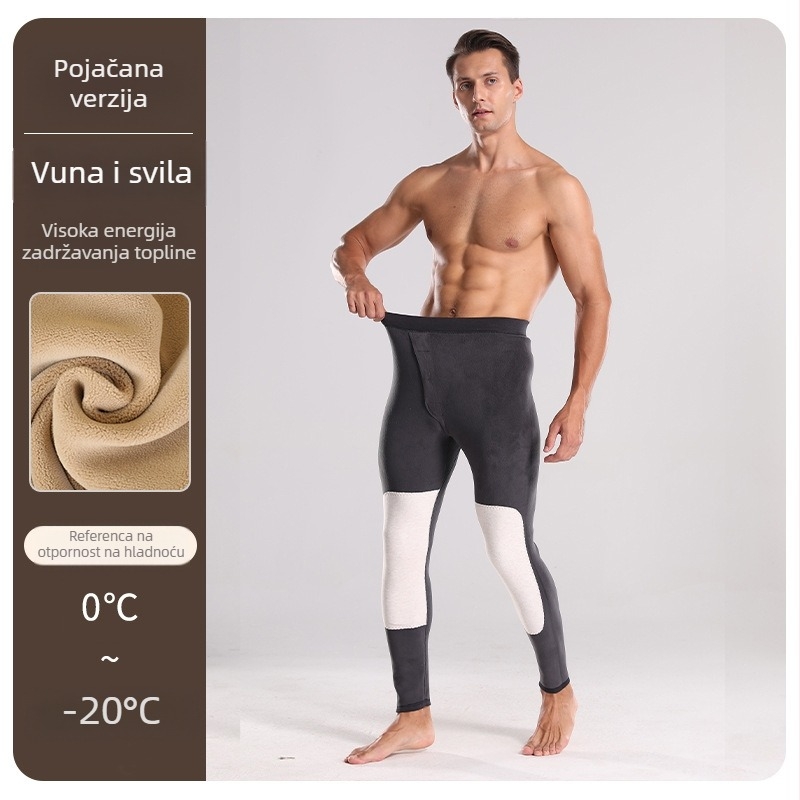 Muške termalne hlače od vuneno-svilene smjese, visoki pojas, dvostruki flis, zaštita koljena, grijanje