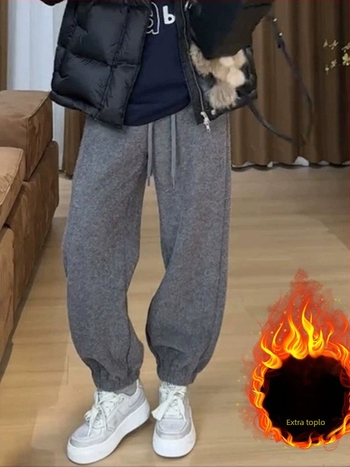 Ženske hlače s flisom, plus veličina, visok struk, ravni kroj, laskaju kruškolikoj figuri